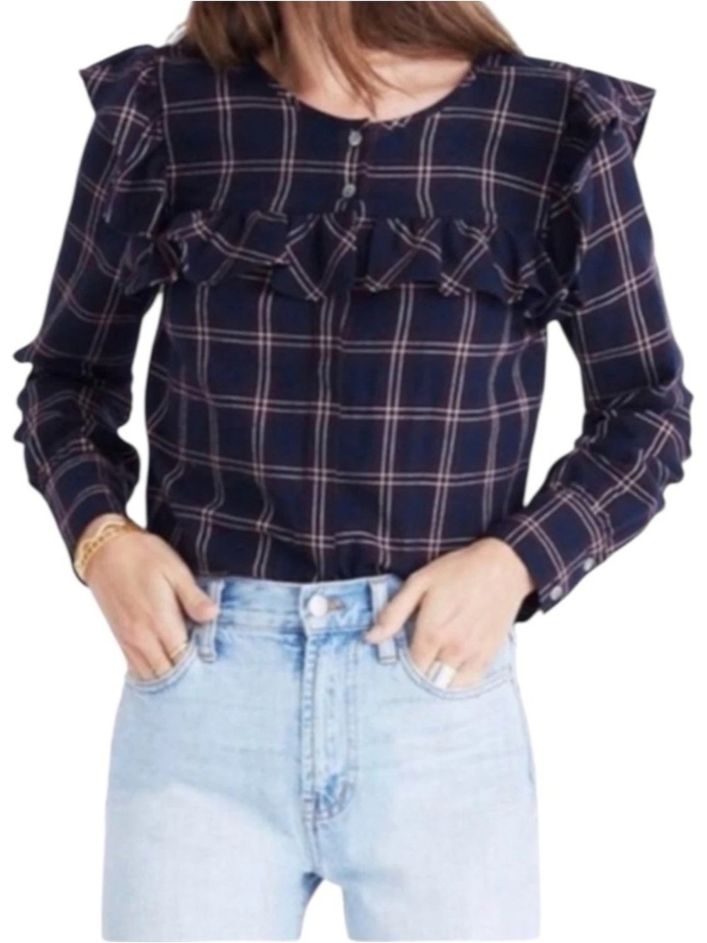 Madewell Navy & Purple Plaid Ruffle Front Blouse Button Up, Size XL NWOT